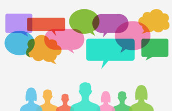 Colorful speech bubble icon and people